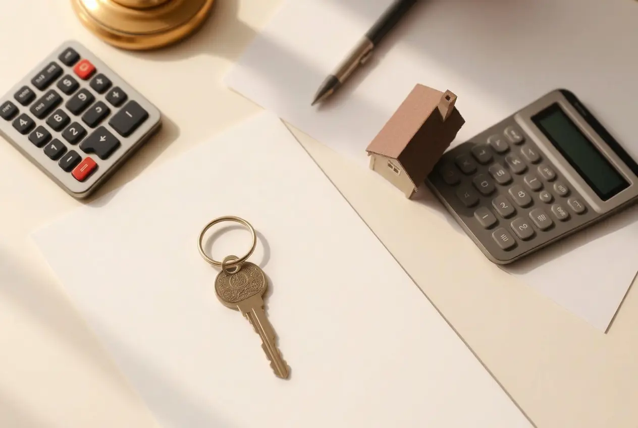 Escritorio con documentos fiscales y una calculadora para calcular impuestos de una venta