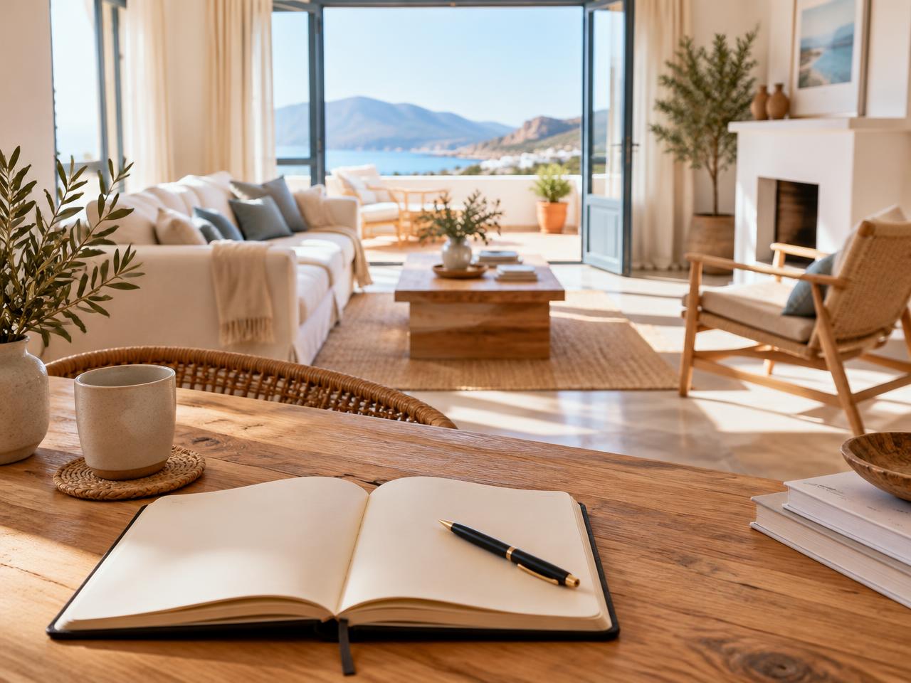 Mesa de trabajo con un cuaderno de planificación para preparar la venta de una vivienda